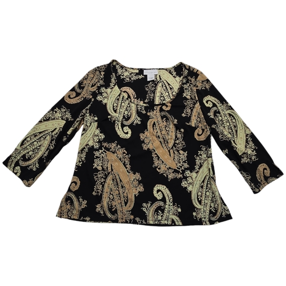 Black Pursuits Ltd Blouse Top Large Pale Yellow Cream Tan Paisley L 3/4 Sleeves - Picture 10 of 10